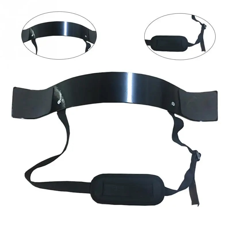 A black archery chest guard with an adjustable strap and padded section, shown from various angles, includes features that rival the JB Muscle™ Arm Blaster: Bicep Isolator by JB Muscle for bicep growth.