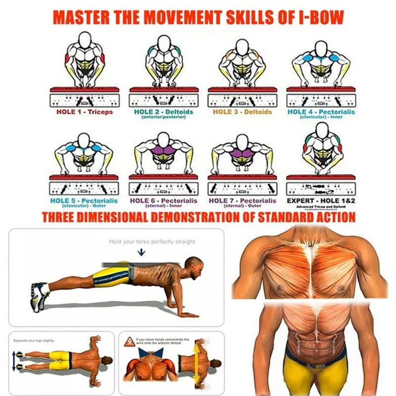 An illustration showcasing various push-up positions on a JB Muscle™ Push Up Board Elite System, targeting different muscle groups and a demonstration of proper body alignment during the exercise for a home gym setup.