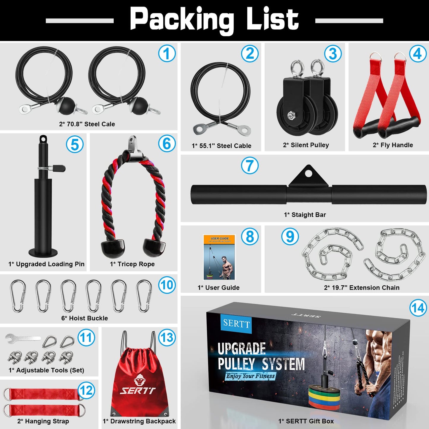 SERTT Weight Cable Pulley System Gym – JB-Muscle™ Upgraded LAT Pull Down, Biceps & Triceps Training Kit for Home Gym Strength, Muscle Growth & Full-Body Workouts