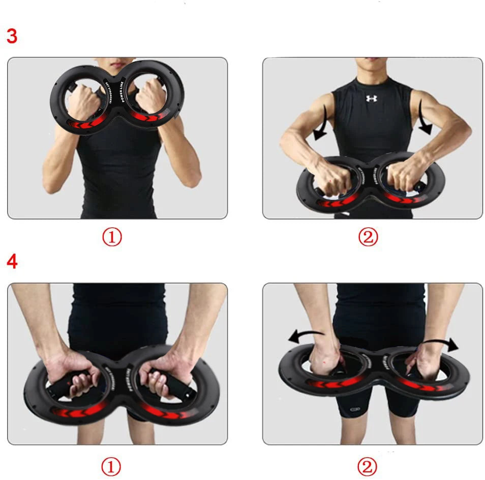 A person showcases the JB Muscle™ Forearm Trainer, an adaptable exercise tool perfect for enhancing grip strength and developing biceps, demonstrating steps 1 and 2. This sleek device is black with red accents.