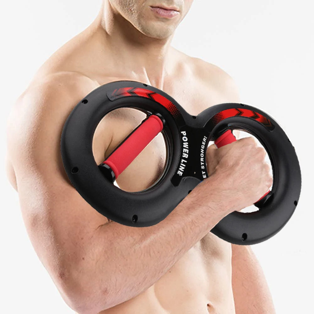 Individual holding a JB Muscle™ Forearm Trainer in black and red, featuring circular grips, while flexing their arm muscle.