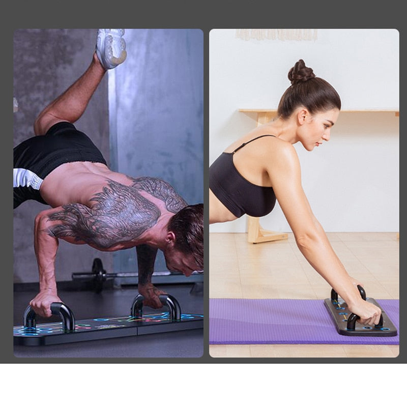 Two individuals using a JB Muscle™ Push Up Board: Elite System Home Gym Strength Training to enhance their home gym routines.