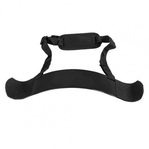 Black adjustable shoulder and neck brace with padded straps against a plain white background, designed to pair perfectly with the JB Muscle™ Arm Blaster: Bicep Isolator for optimal bicep growth.