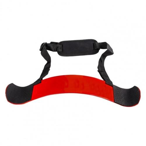 Curved red and black JB Muscle™ Arm Blaster: Bicep Isolator with adjustable straps and padded neck support, designed for optimal bicep growth.