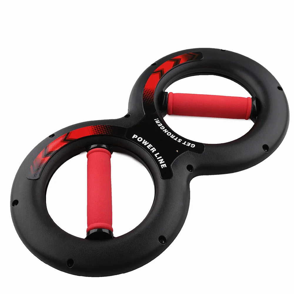 JB Muscle™ Forearm Trainer with a distinctive black figure-eight design, featuring red grips and emblazoned with "Powerline Get Stronger," specifically crafted to boost grip strength.