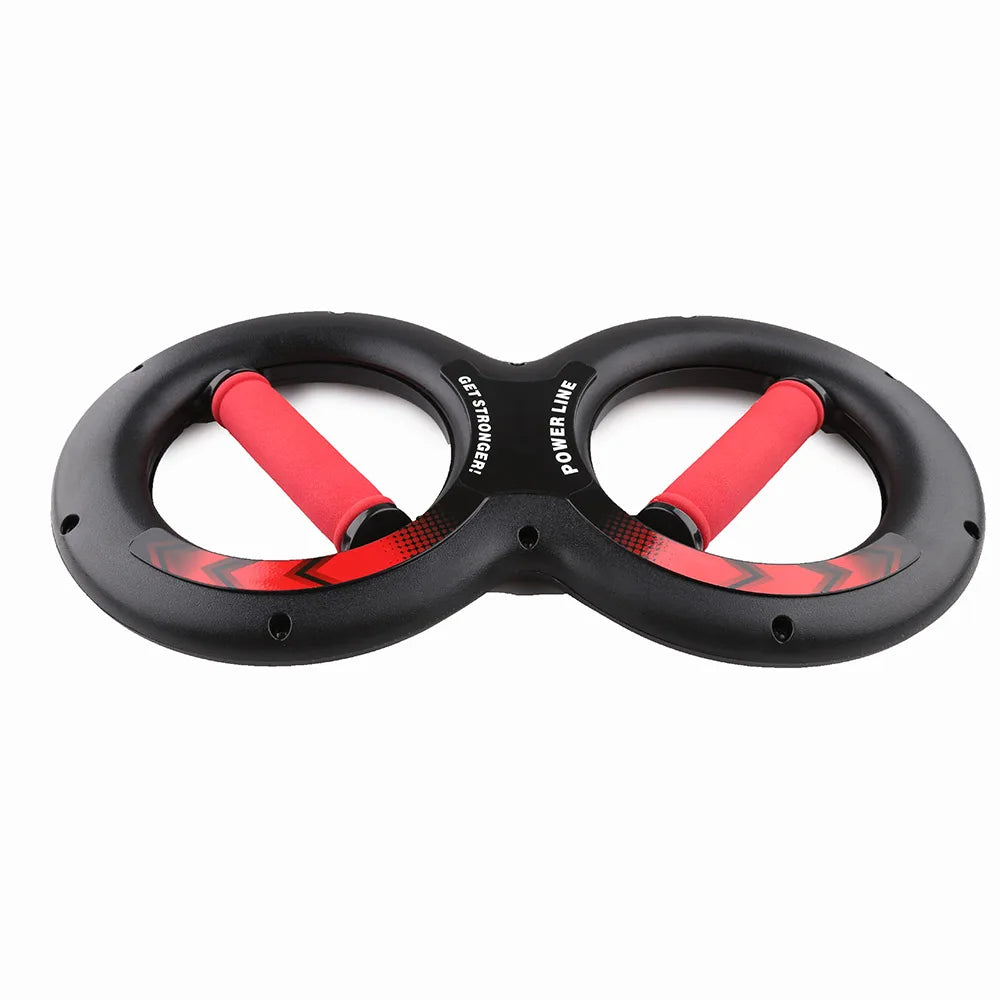 The JB Muscle™ Forearm Trainer features a black and red double-ring ab roller wheel with "POWER LINE" text on the side, perfect for core exercises, enhancing grip strength, and fitness training.