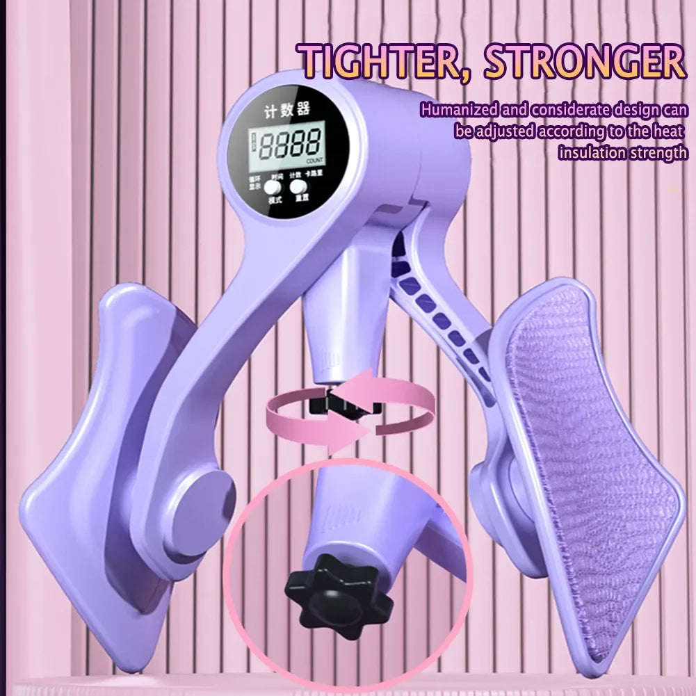 The JB Muscle™ Adjustable Digital Counter Hip Trainer in purple is designed to strengthen pelvic floor and leg muscles. It features a digital display and an adjustable knob for its Adjustable Strength system. The text reads: "Tighter, Stronger, Humanized and considerate design can be adjusted according to the heat insulation strength." Ideal for a booty workout.