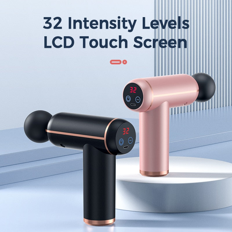 Two JB Muscle™ Portable Fascia Guns, one in black and the other in pink, are displayed on a modern surface with their LCD touch screens showing the number 32. Above them, text reads "32 Intensity Levels LCD Touch Screen." These devices from JB Muscle offer deep tissue massage for ultimate relief.
