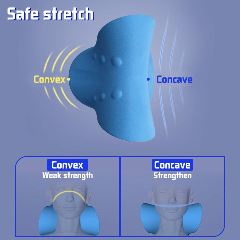 A diagram illustrates the use of the JB Muscle™ Neck Shoulder Stretcher: Pain Relief & Cervical Alignment device from JB Muscle for alleviating neck and shoulder discomfort. It shows a convex side, which offers weak strength, and a concave side, which provides stronger support to aid in muscle relaxation.