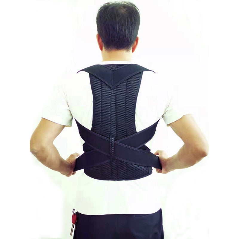 A person wearing the JB Muscle™ Adjustable Posture Corrector Brace | Back Support Harness over a white T-shirt, adjusting the straps at the back for optimal back and shoulder support.