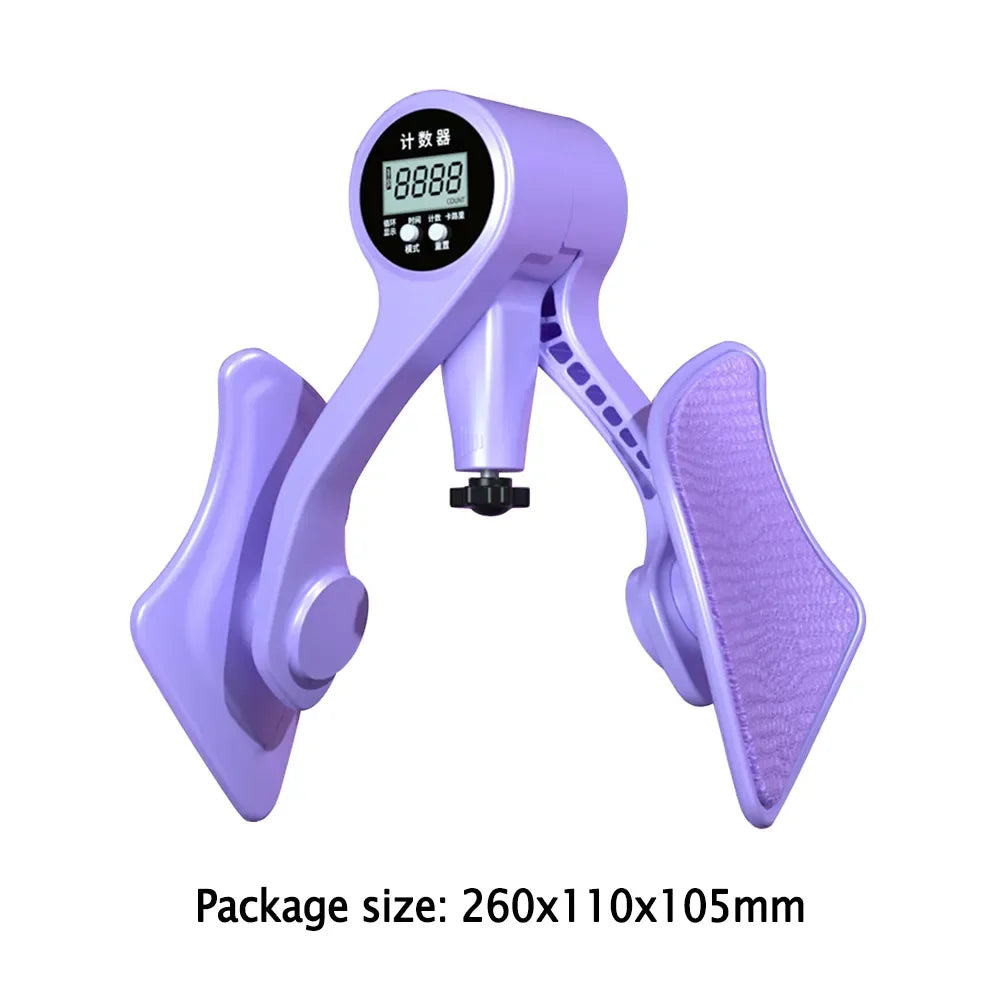 The JB Muscle™ Adjustable Digital Counter Hip Trainer, a product by JB Muscle in purple, serves as a pelvic floor muscle trainer. It includes two padded arm-like components extending from the center and features a digital display screen. The compact packaging of 260x110x105mm ensures it is convenient for home use.