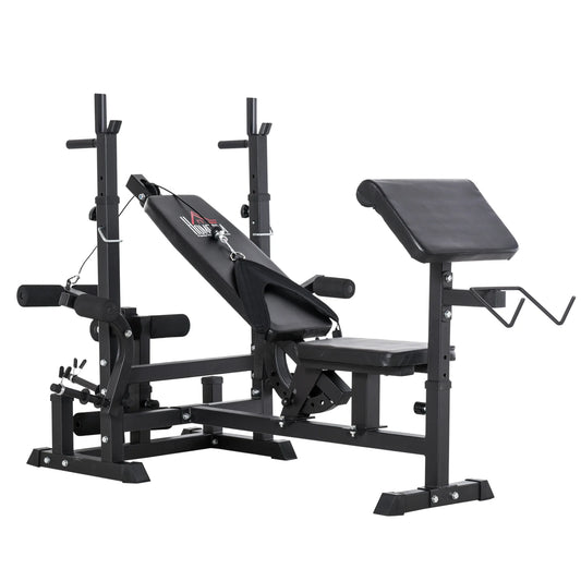 The JB Muscle HOMCOM Multi-Exercise Full-Body Weight Rack features a bench press, leg extension, chest fly resistance band, and preacher curl—perfect for total strength training—shown on a white background.