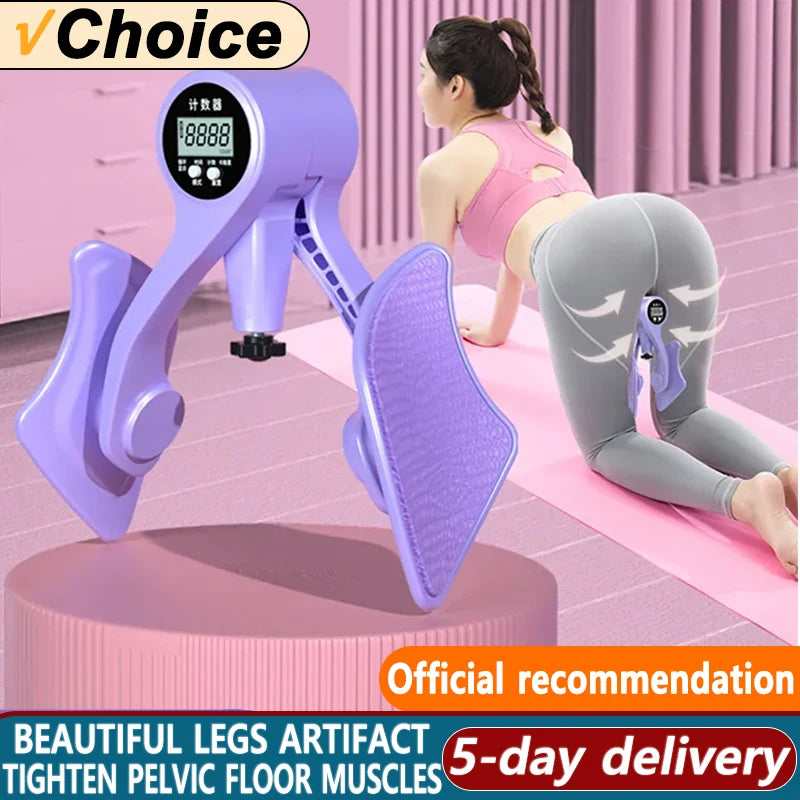 A person using a purple JB Muscle™ Adjustable Digital Counter Hip Trainer on a yoga mat. Designed as a pelvic floor muscle trainer, this tool is ideal for enhancing flexibility and strength. Text: "JB Muscle, Official Recommendation, Beautiful Legs Artifact, Adjustable Strength, 5-day delivery.