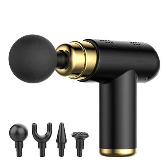 The JB Muscle™ Mini Massage Gun: Deep Tissue Relaxation & Pain Relief by JB Muscle, in sleek black and gold, features four interchangeable heads designed for deep tissue massages and pain relief.