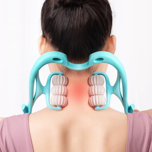 A person uses the JB Muscle™ Cervical Spine Massager, a blue portable neck massager with white rollers and a six-wheel design, on their neck.