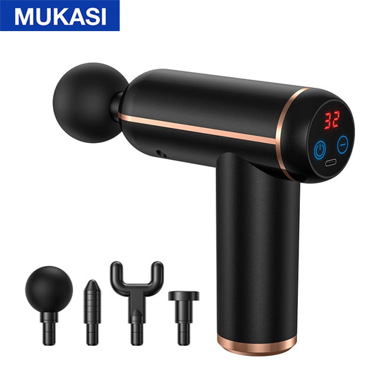 Introducing the JB Muscle™ Portable Fascia Gun, a deep tissue massage device by JB Muscle, now available in black. This innovative fascia gun features a digital display and includes four interchangeable heads—round, forked, flat, and bullet-shaped—making it perfect for deep tissue massage.