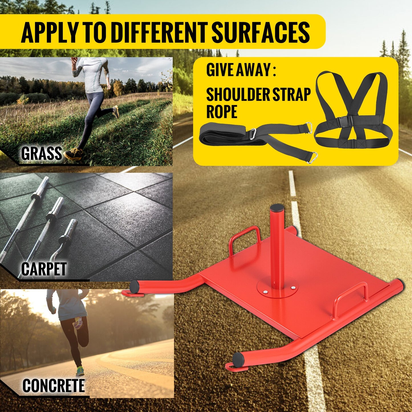 The JB Muscle™ Red HD Power Sled: Ultimate Strength Training, ideal for strength workouts, is showcased on diverse surfaces such as grass, carpet, and concrete. This sled from JB Muscle comes with a complimentary strap rope to elevate your exercise routine.