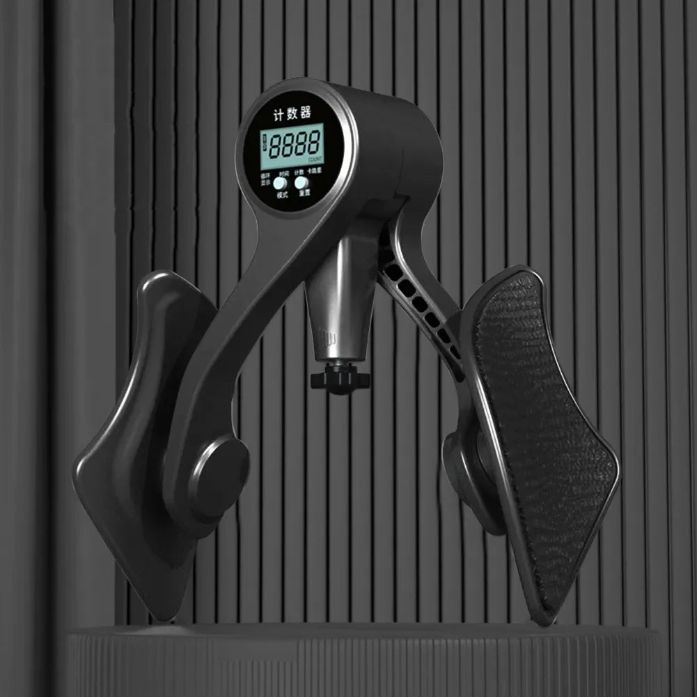 The JB Muscle™ Adjustable Digital Counter Hip Trainer, designed for strengthening the pelvic floor and leg muscles, is showcased against a vertically striped background.