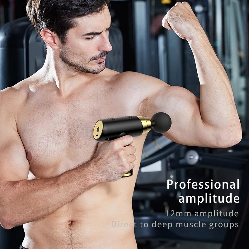 A shirtless man uses a JB Muscle™ Mini Massage Gun: Deep Tissue Relaxation & Pain Relief on his upper arm with text overlay reading, "Professional amplitude, 12mm amplitude, Direct to deep muscle groups for effective pain relief.