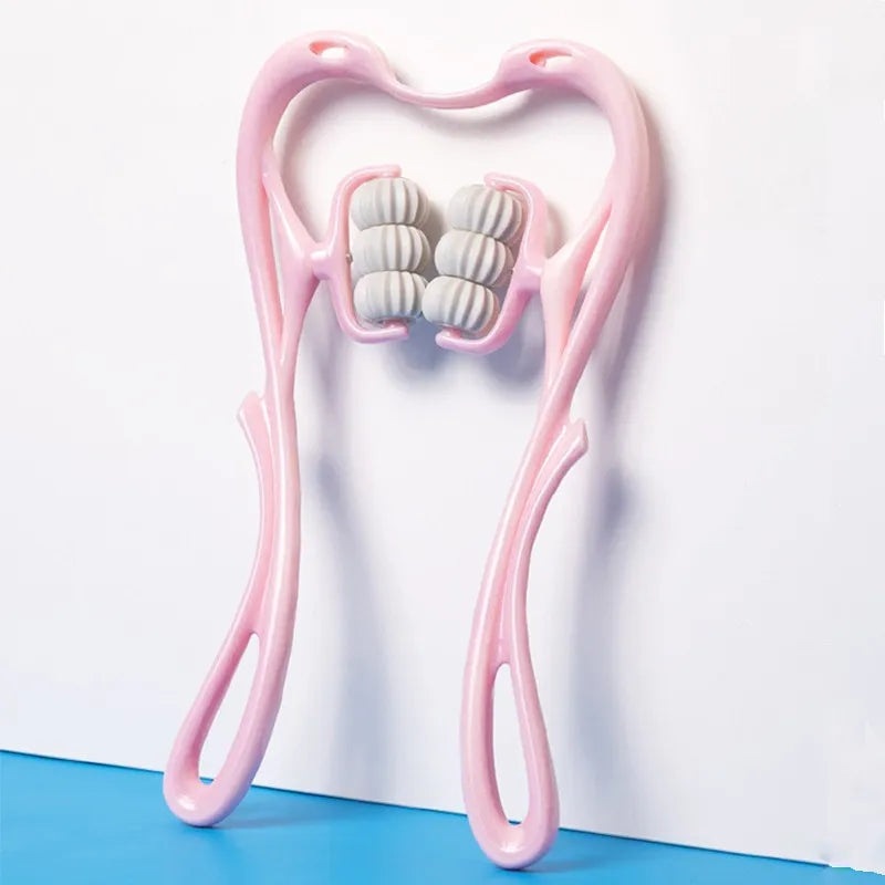 Introducing the JB Muscle™ Cervical Spine Massager, a six-wheel portable neck massager by JB Muscle. It features multiple gray rollers for effective muscle relaxation and targeted neck kneading, all in a stylish pink design.