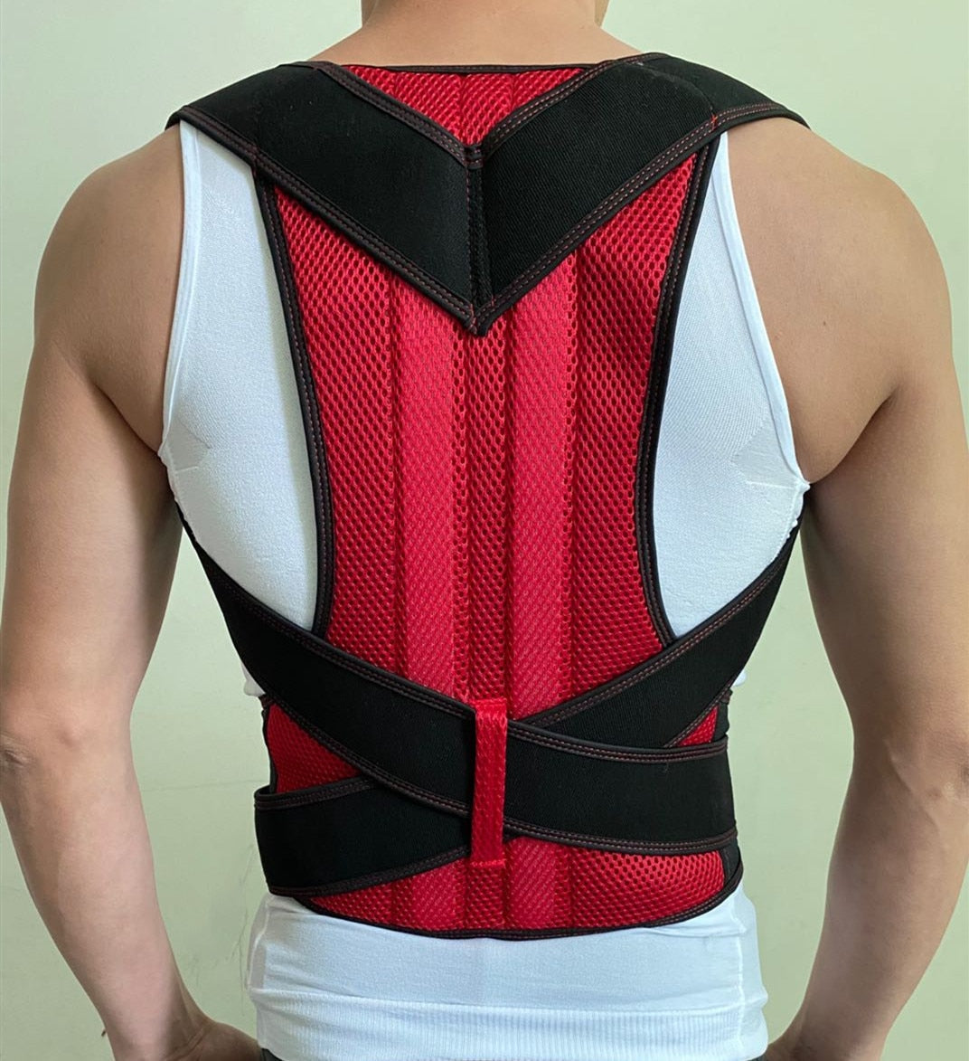 A person wearing a red and black JB Muscle™ Adjustable Posture Corrector Brace | Back Support Harness over a white sleeveless shirt is shown from the back.