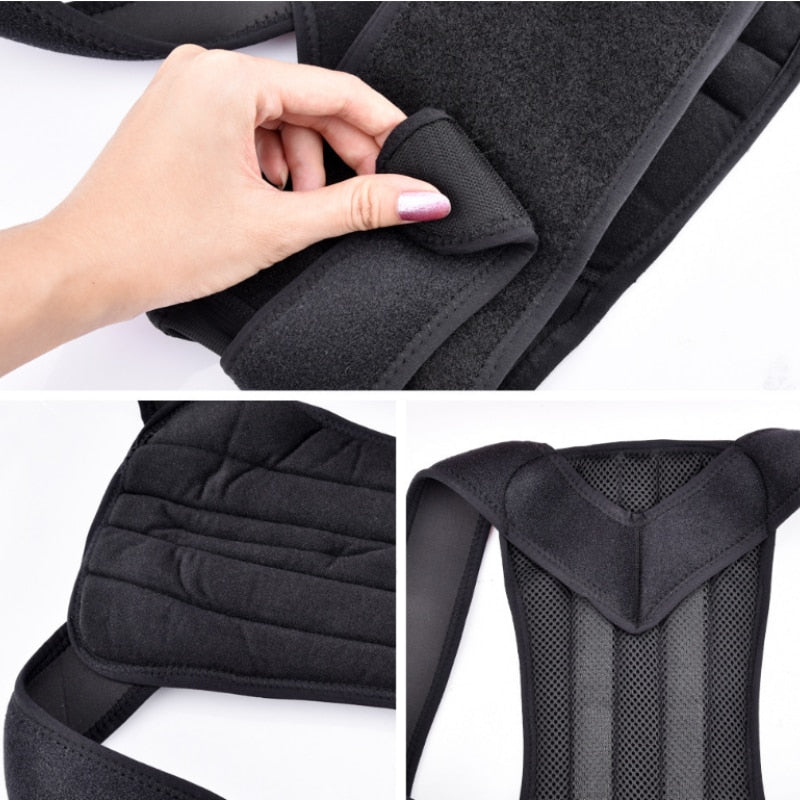 A hand adjusting the strap of a black JB Muscle™ Adjustable Posture Corrector Brace | Back Support Harness in the top image, with the front and back views of this posture correction and back support device shown below.