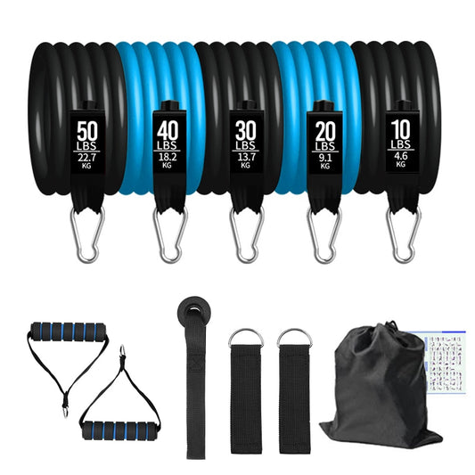 Presenting the JB Muscle™ Yoga Resistance Bands: Home Workout Kit, featuring a set of bands in varying resistances (50 lbs, 40 lbs, 30 lbs, 20 lbs, and 10 lbs) complete with handles, ankle straps, door anchor, instruction guide, and carrying bag. This kit from JB Muscle is perfect for full-body workouts.