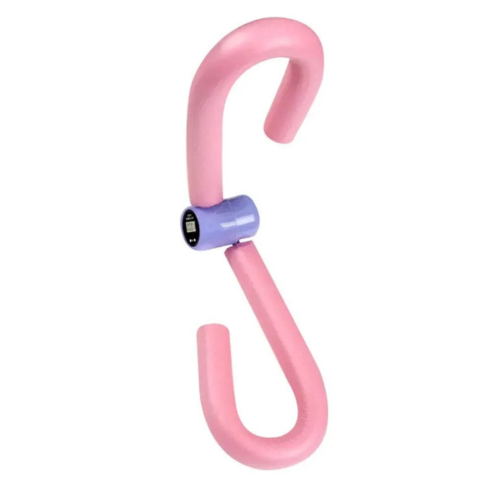 JB Muscle™ Adjustable Digital Counter Hip Trainer in pink, featuring a purple hinge and an "S" shape, designed for pelvic floor and leg muscle exercises.
