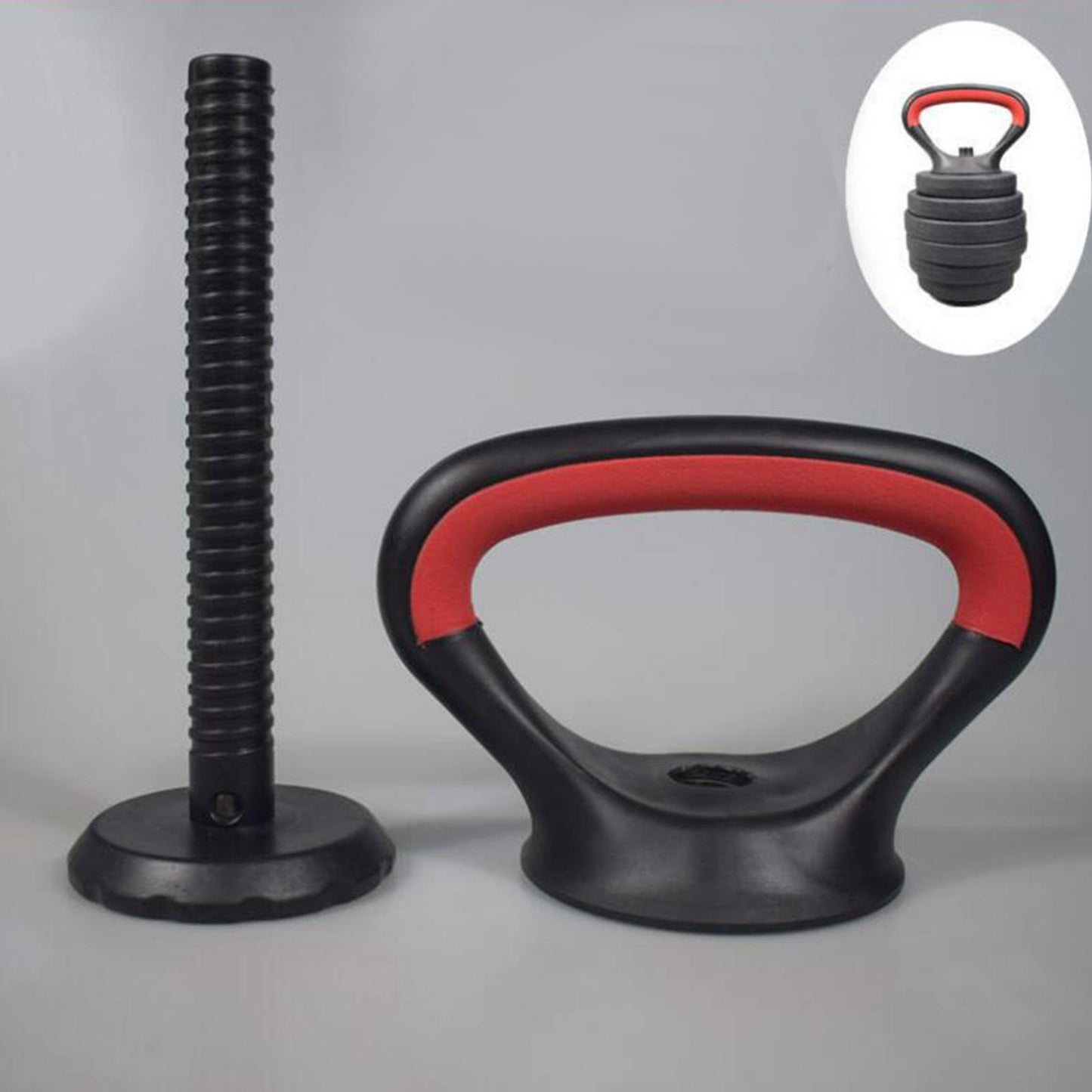The JB Muscle™ Adjustable Kettlebell Handle: Dynamic Arm Strength Training features an ergonomic handle with a red and black grip, a sturdy base post for attaching weights, and an inset image showcasing the complete set stacked. Ideal for any fitness enthusiast focused on arm strength training.