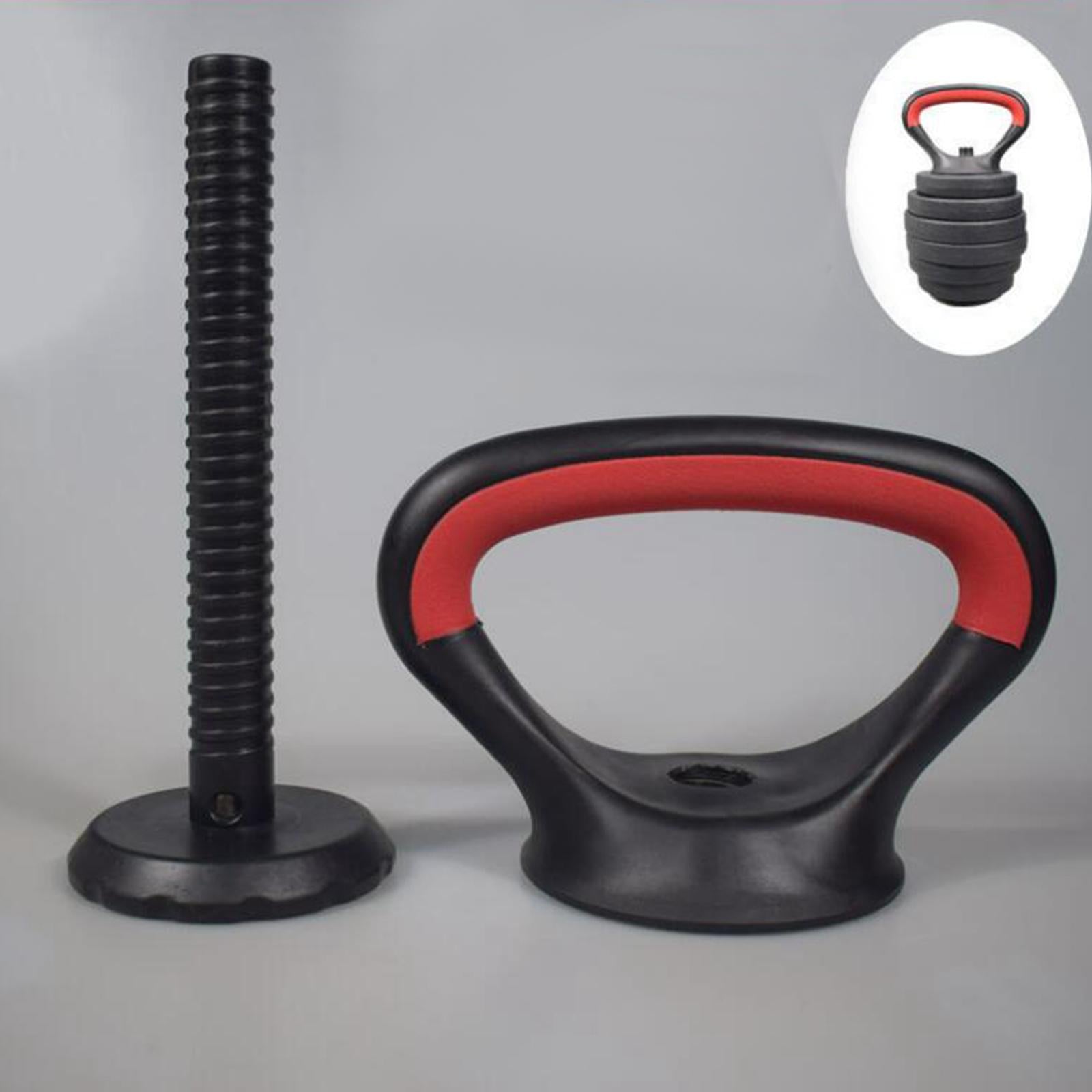 The JB Muscle™ Adjustable Kettlebell Handle: Dynamic Arm Strength Training features an ergonomic handle with a red and black grip, a sturdy base post for attaching weights, and an inset image showcasing the complete set stacked. Ideal for any fitness enthusiast focused on arm strength training.