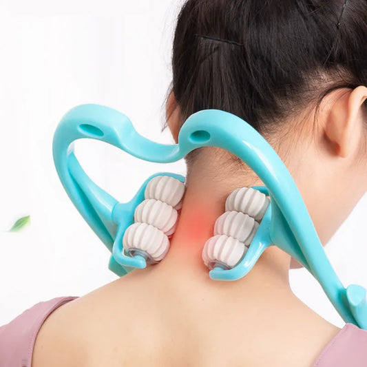 The JB Muscle™ Cervical Spine Massager is a portable kneading device in a striking blue color, featuring a six-wheel design that expertly applies rollers to soothe the back of your neck.