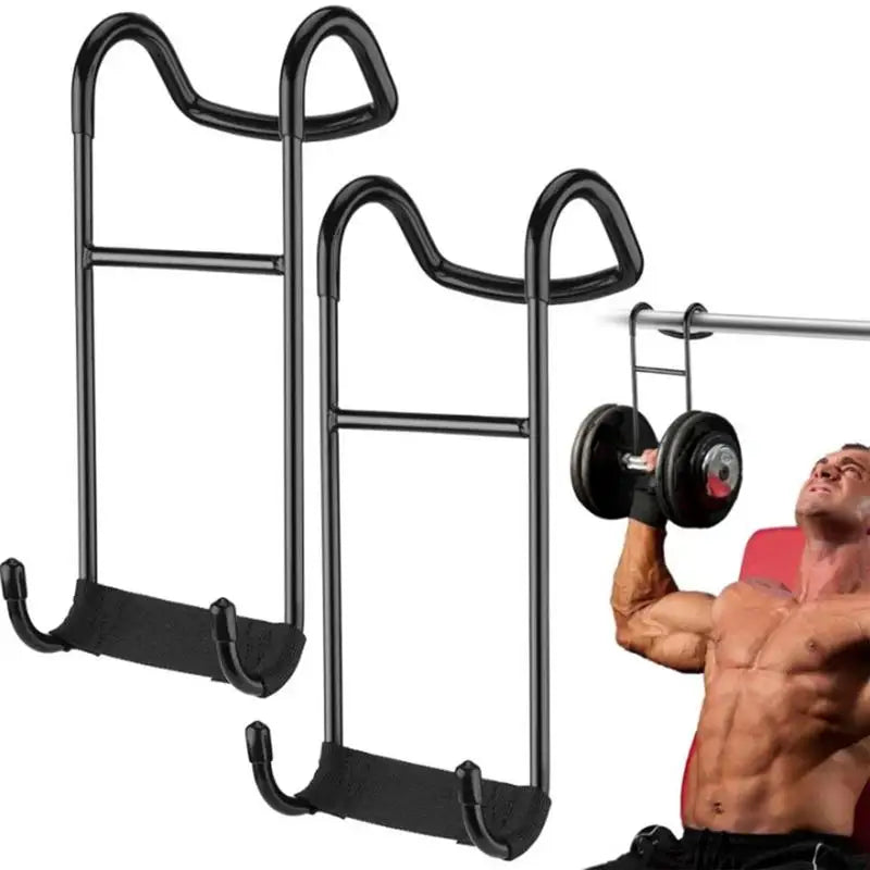 A man performs a barbell bench press in a home gym using JB Muscle™ Heavy-Duty Dumbbell Safety Hooks, which provide anti-slip shoulder support and hold up to 250 lbs for safe, solo weight lifting.