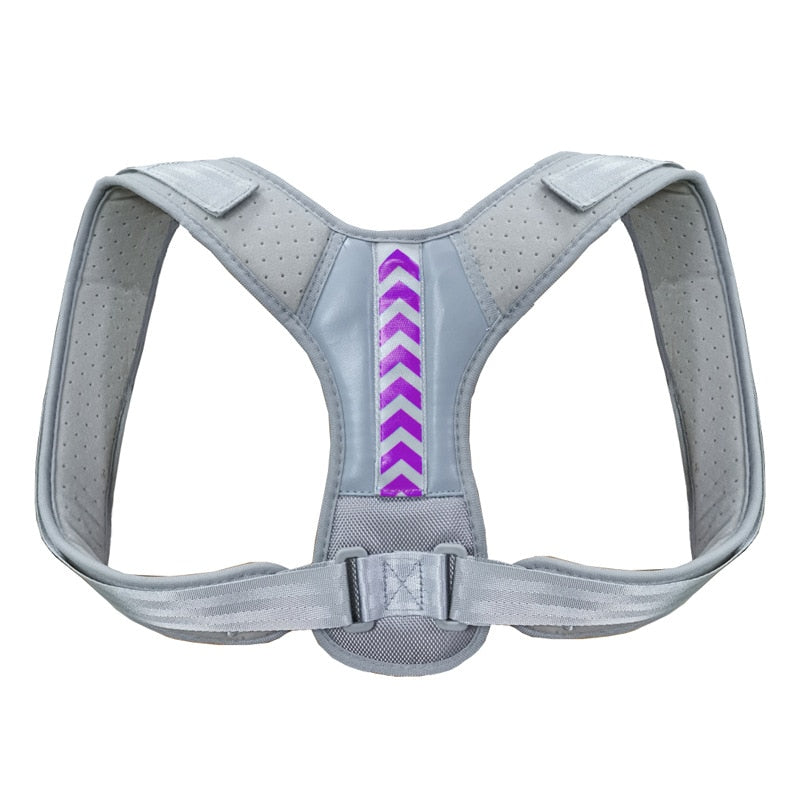 The JB Muscle™ Adjustable Posture Corrector Brace | Back Support Harness by JB Muscle features a gray design with adjustable straps and a stylish purple chevron on the back, providing effective posture correction and excellent back and shoulder support.