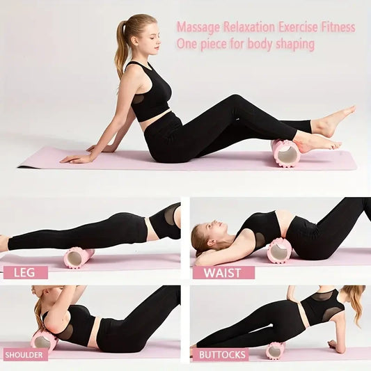 Dressed in black exercise attire, a person utilizes the JB Muscle™ Ultimate Foam Roller for Deep Tissue Massage from JB Muscle on a yoga mat to target muscles in their legs, waist, shoulders, and buttocks during exercises.