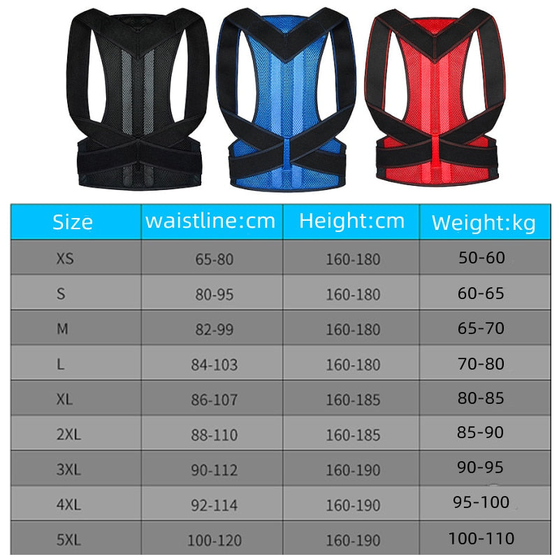 Three JB Muscle™ Adjustable Posture Corrector Braces from JB Muscle, available in black, blue, and red, are displayed above a size chart outlining waistline, height, and weight ranges for sizes XS to 5XL. These Back Support Harnesses provide exceptional back and shoulder support for effective posture correction.