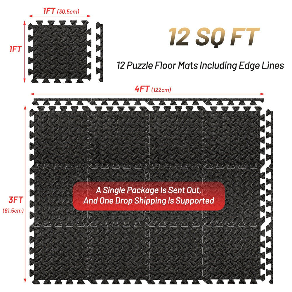 An image displays a set of 12 JB Muscle™ interlocking Eva foam mats in a black diamond pattern, forming a 12 square foot surface with dimensions of 4 feet by 3 feet. Ideal for home gym flooring, the text highlights that "A Single Package Is Sent Out, And One Drop Shipping Is Supported." Perfect for JB Muscle™ setups.