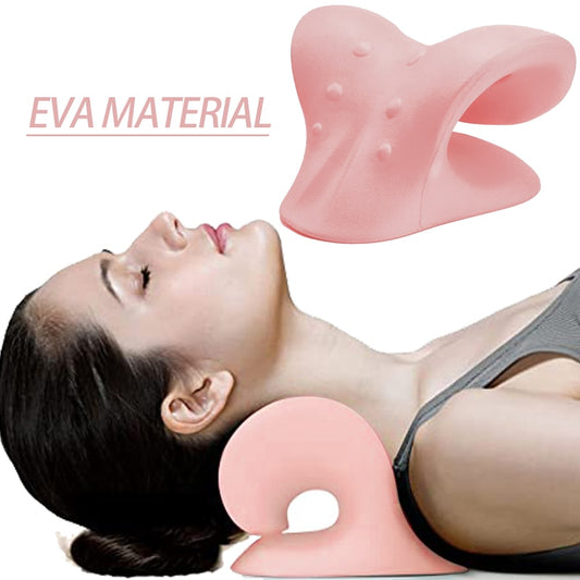 A woman lying down using the JB Muscle™ Neck Shoulder Stretcher: Pain Relief & Cervical Alignment for muscle relaxation, with an additional view of the device shown above.