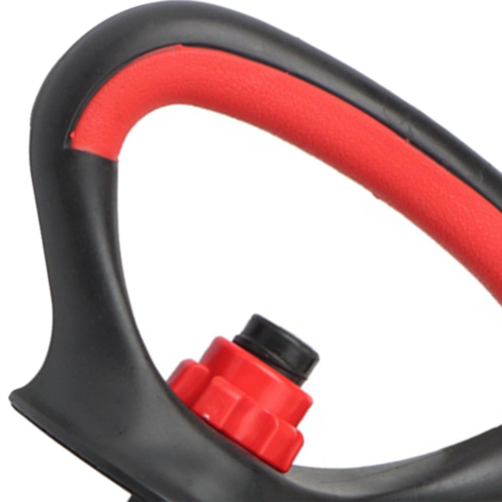 Close-up of the JB Muscle™ Adjustable Kettlebell Handle in red and black, featuring a red rotating knob below the handle; perfect for fitness enthusiasts looking to enhance their arm strength training.