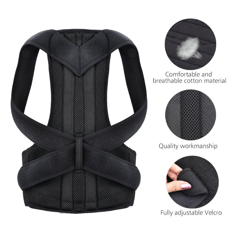 The JB Muscle™ Adjustable Posture Corrector Brace | Back Support Harness is a black device with adjustable straps made from breathable cotton. Insets showcase the fabric texture, craftsmanship, and fully adjustable Velcro strap, providing excellent back and shoulder support for effective posture correction.