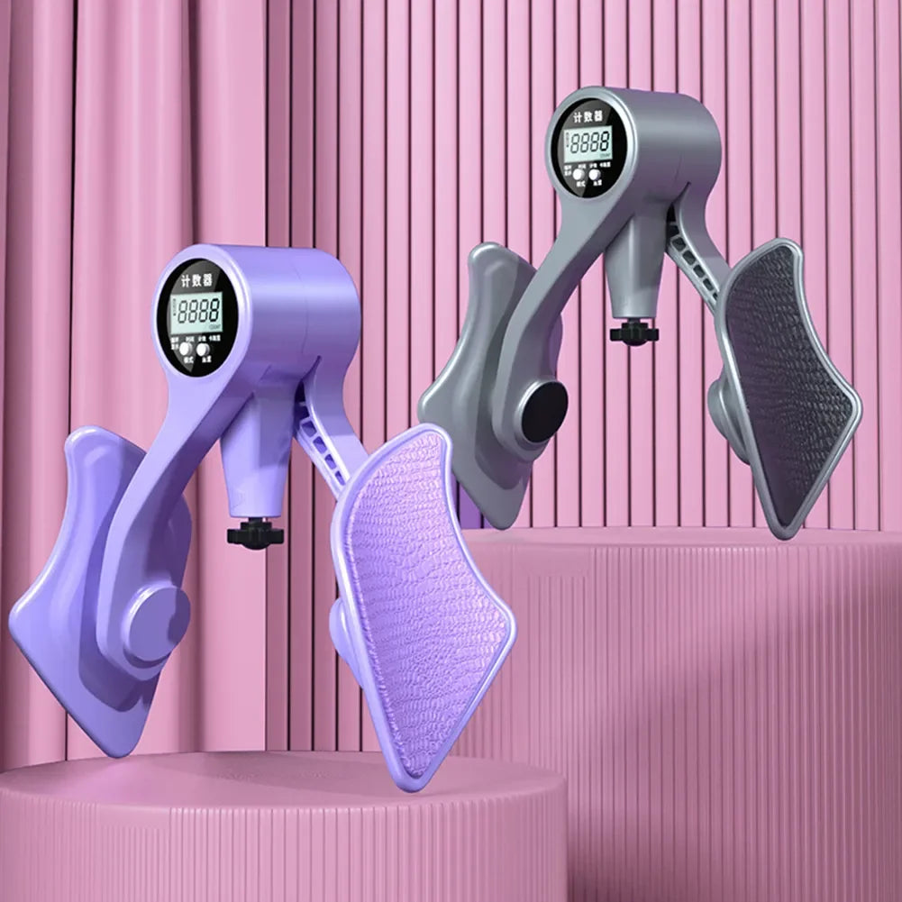 Two JB Muscle™ Adjustable Digital Counter Hip Trainers, one in purple and one in gray, each featuring a digital display, are set against a pink background with vertical stripes. These adaptable devices are excellent additions to your routine, providing an adjustable strength setting to support your pelvic floor muscle training and enhance your leg workout.