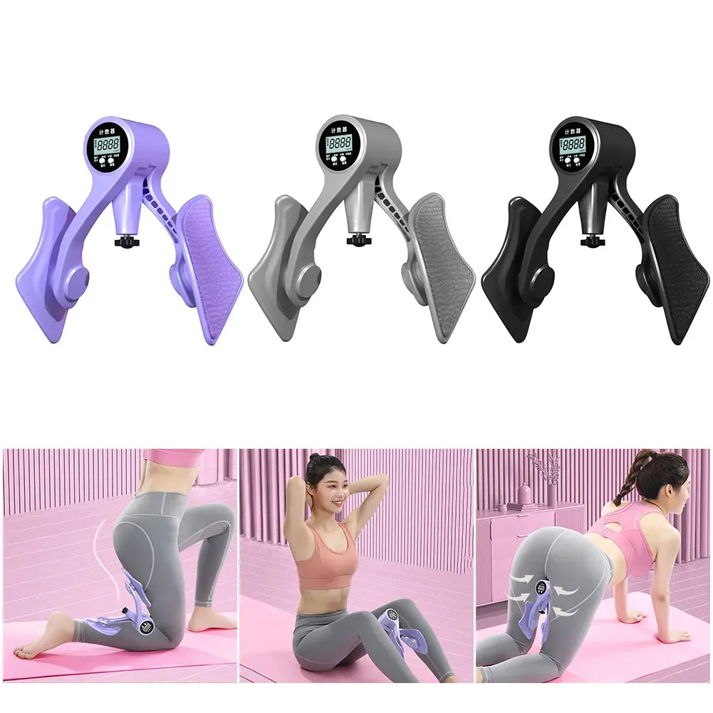 The JB Muscle™ Adjustable Digital Counter Hip Trainer is available in black, gray, and purple. Two women perform exercises on yoga mats using this equipment to enhance their pelvic floor and leg muscles.