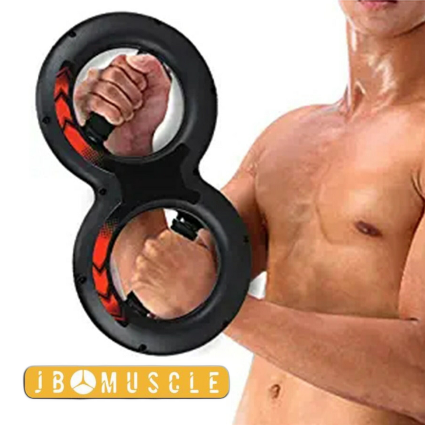A person is holding an exercise device shaped like the number 8, known for boosting grip strength, with the "JB Muscle" branding displayed underneath.