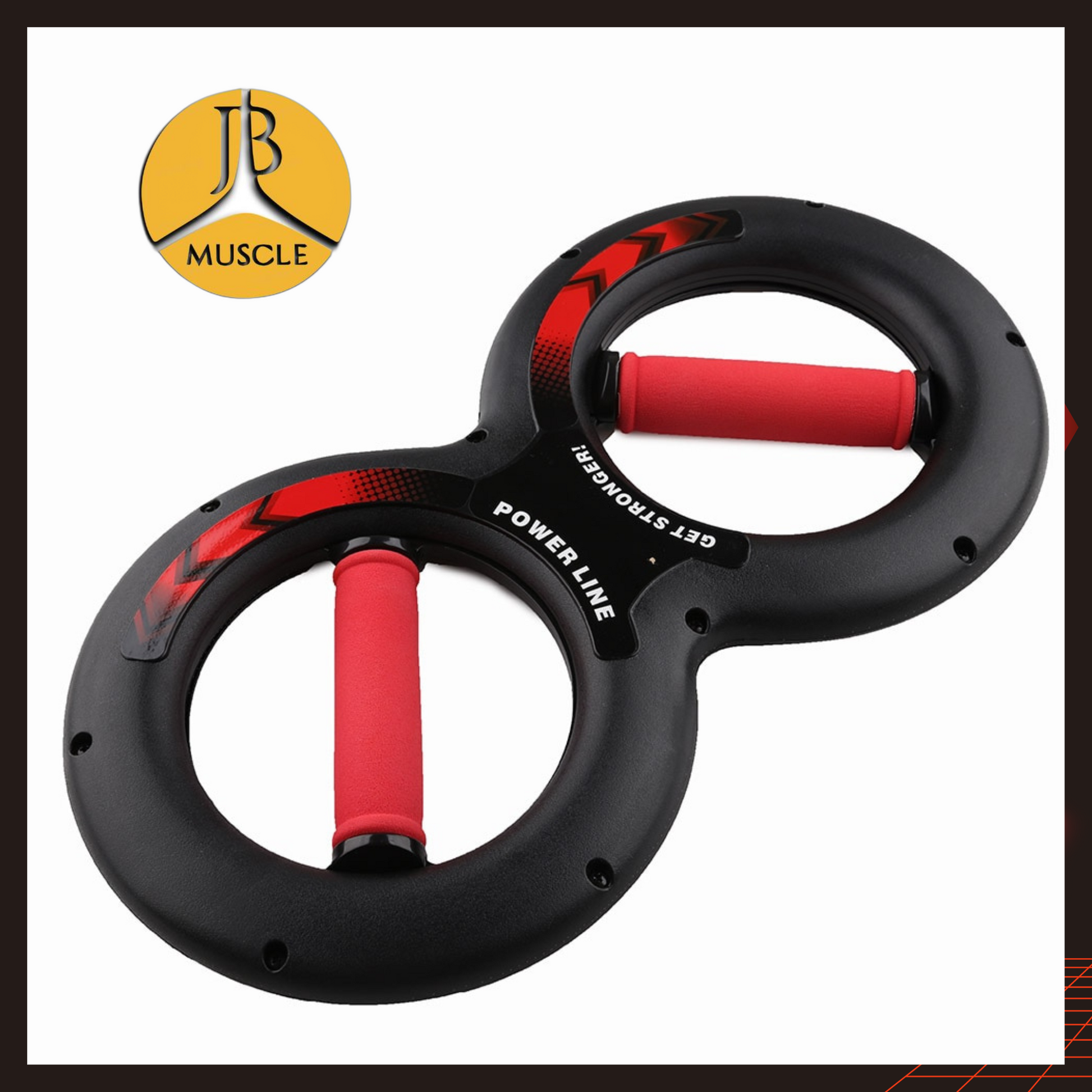A JB Muscle™ Forearm Trainer in black and red, featuring double-ring exercise handles with grips, is presented against a clean white backdrop.