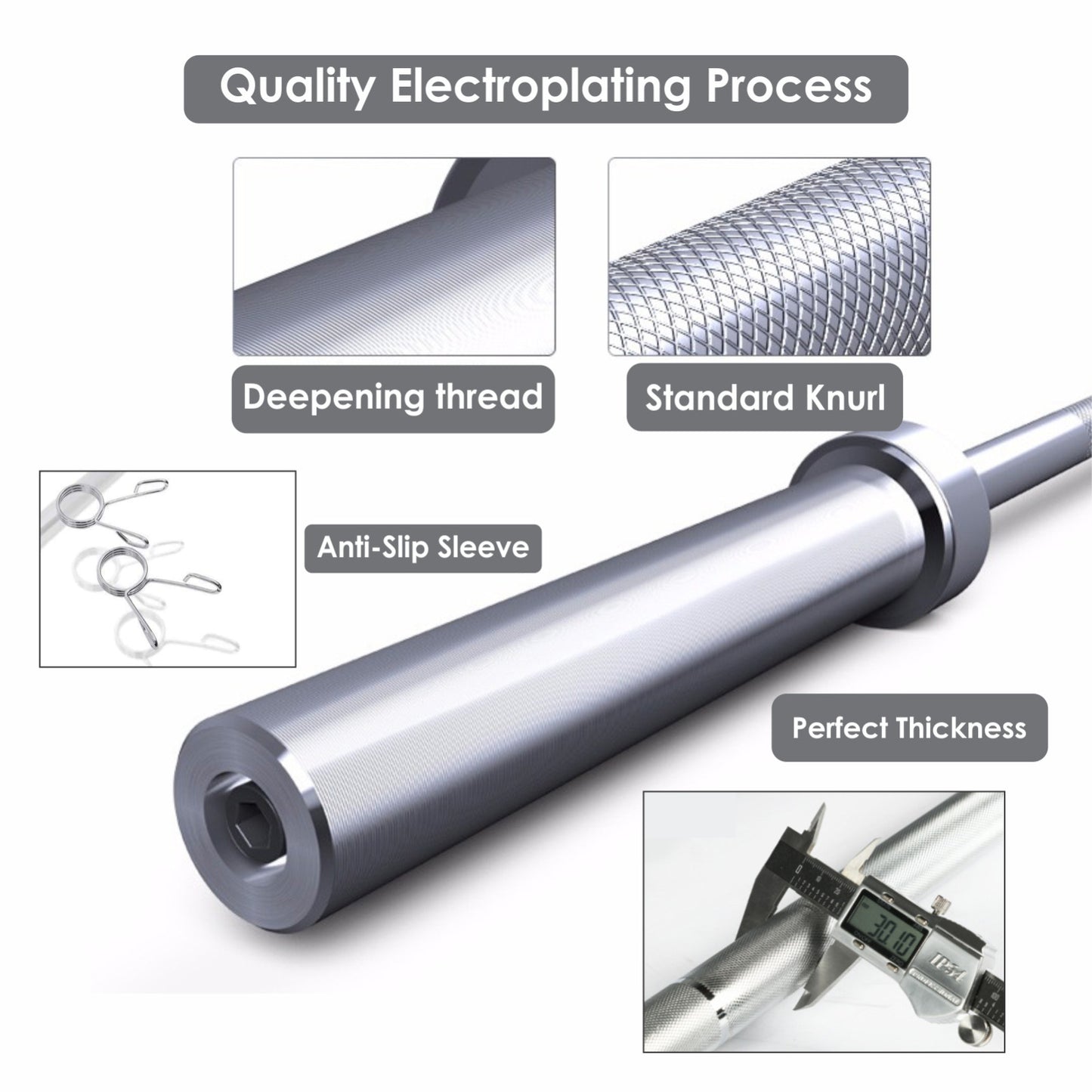 The JB Muscle Olympic Barbell Bar (2 inch, 4FT-7FT) features deep threading, standard knurl, anti-slip sleeve, and precise thickness from quality electroplating—ideal for serious lifting. Includes spring clips for gym use.