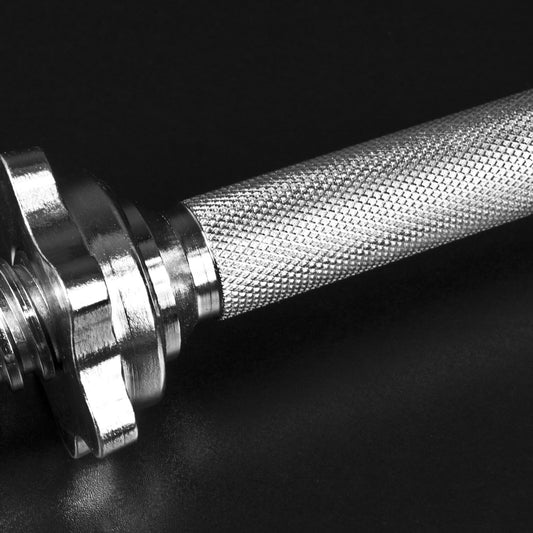 Close-up of the JB Muscle Spinlock DUMBBELL BARS Standard 1 Inch Plates Weightlifting Bar & Collars Set, showing the durable knurled handle and threaded collar against a dark background.