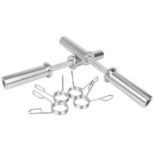 The JB Muscle 2" Olympic Dumbbell Bar Set & Spring Collars Free Weights Weight Lifting Dumbell includes two knurled dumbbell bars and four spring collars, all neatly arranged on a white background.