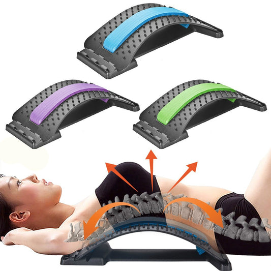 A person uses a JB Muscle™ Back Massager: Lumbar Support & Pain Relief with three color options displayed above. The image includes arrows illustrating spinal decompression and alignment, showcasing the JB Muscle product for effective lumbar support and pain relief.