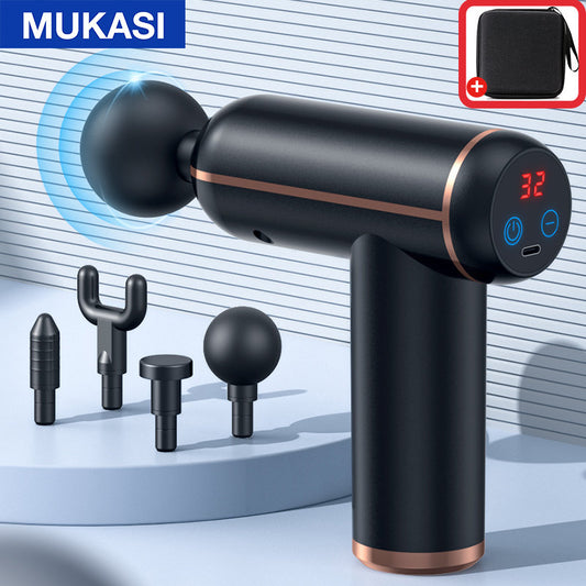 A JB Muscle™ Portable Fascia Gun: Deep Tissue Massage Device by JB Muscle in black, featuring a digital display, multiple attachments, and accompanied by a carrying case shown in the background.