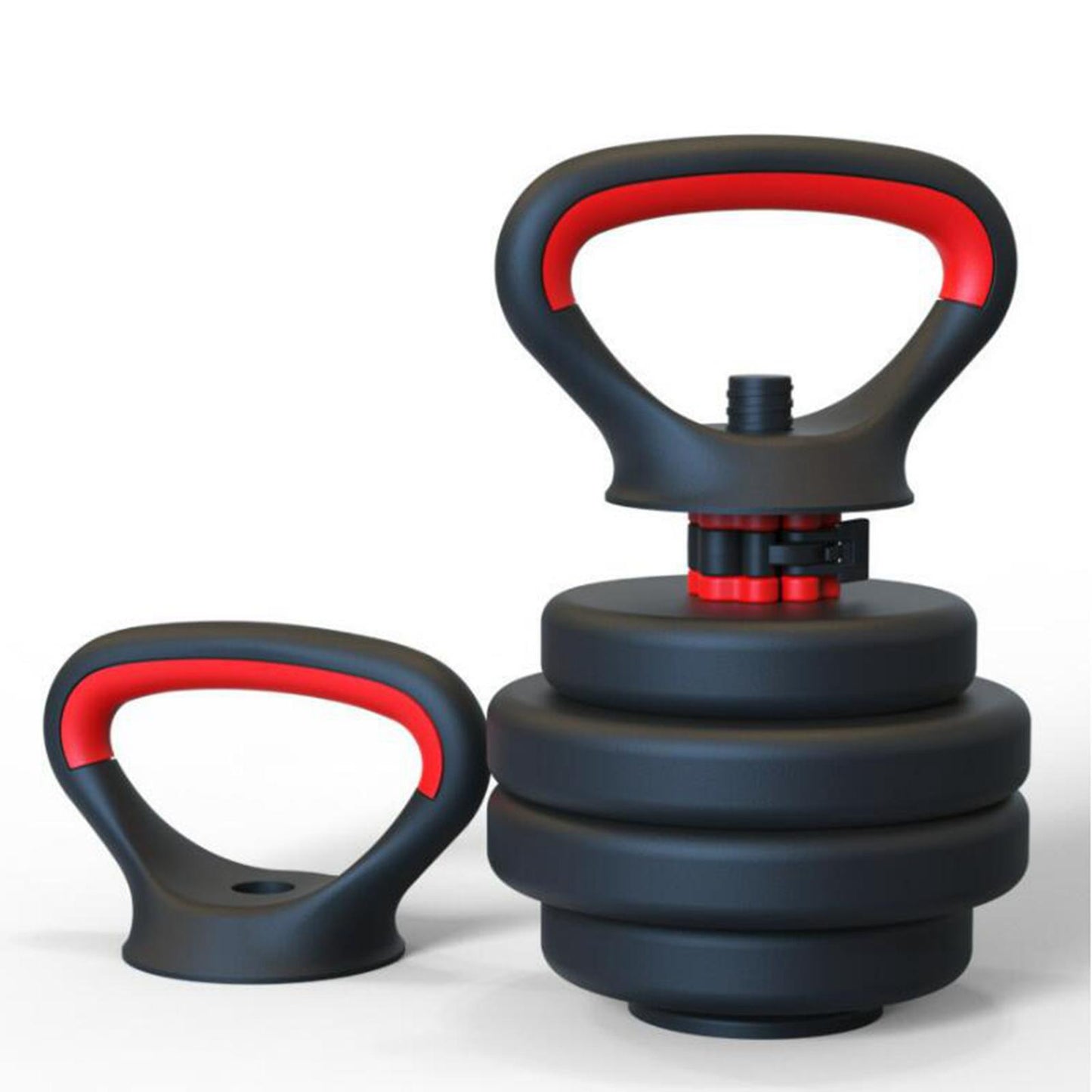 The JB Muscle™ Adjustable Kettlebell Handle, designed for dynamic arm strength training, can be stacked and features a detachable handle placed next to the main base. It boasts a sleek black and red color scheme, making it ideal for fitness enthusiasts targeting their arm strength.