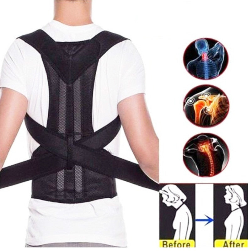 A person wearing a JB Muscle™ Adjustable Posture Corrector Brace | Back Support Harness from JB Muscle, with a graphic showing improved posture from "Before" to "After." The image also includes illustrations highlighting the spine and shoulder areas for optimal back and shoulder support.